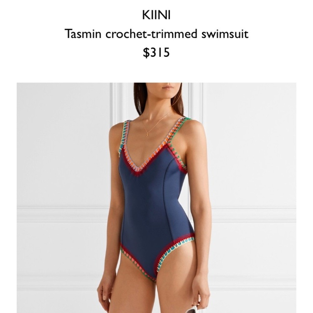 Kiini Women Navy Blue Crochet Trim One Piece Swimsuit V-Neck Small Designer Boho
